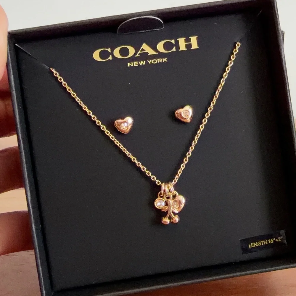 NWT Coach Cherry And Heart Earrings And Necklace‎ Set